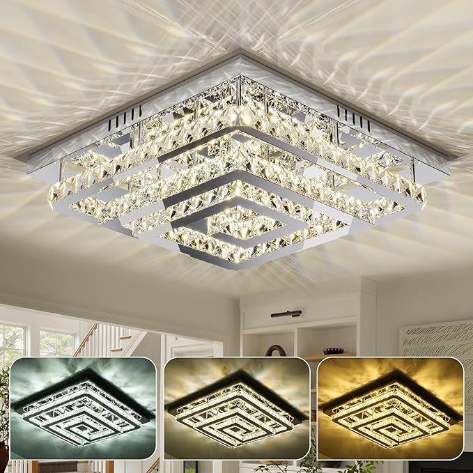 34" Modern Crystal Chandelier with Remote/App Control, Dimmable Flush Mount Ceiling Light Fixture, 3-Color Temperature, Led Ceiling Lamp for Living Room Bedroom Kitchen Dining Room Entryway