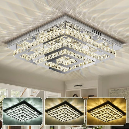 34" Modern Crystal Chandelier with Remote/App Control, Dimmable Flush Mount Ceiling Light Fixture, 3-Color Temperature, Led Ceiling Lamp for Living Room Bedroom Kitchen Dining Room Entryway