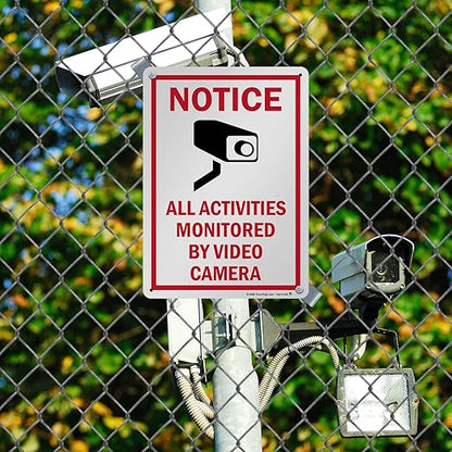 SmartSign 14 x 10 inch “Notice - All Activities Monitored By Video Camera” Metal Sign, 40 mil Laminated Rustproof Aluminum, Red, Black and White, Made in USA