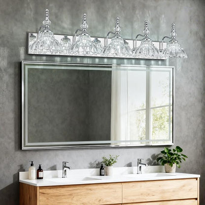Vintage Bathroom Vanity Light, 5-Light Chrome Vanity Lighting Fixture with Flower Glass Shade, Bathroom Lighting Fixtures Over Mirror