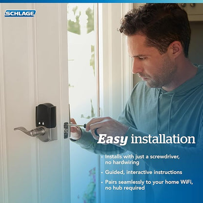 Schlage FE789WB CAM 619 Acc Encode WiFi Accent Lever Smart Lock, Keyless Entry Touchscreen Door Lock with Camelot Trim, Satin Nickel