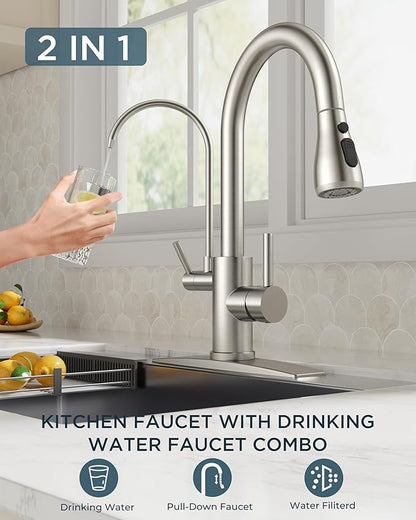 FORIOUS Kitchen Faucets with Water Filter, 2 in 1 Stainless Steel Pull Down Sink Faucet and Purfied Water Faucet High Arc Single Handle with Detachable Deck for 1 or 3 Hole, Brushed Nickel