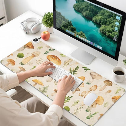 Heated Desk Pad Mouse Pad 31.5x13 Inch PU Leather Desk Mat with 3 Heat Levels Large Mouse Gaming Computer Laptop Mat Watercolor Mushrooms Beige