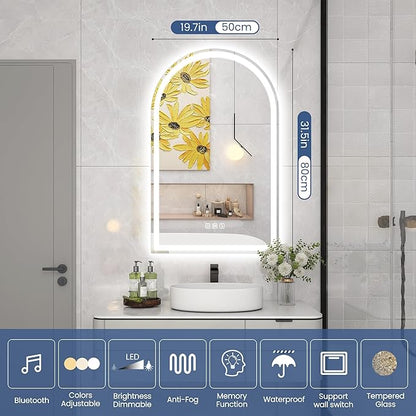 STARLEAD 32"x20" LED-Bathroom-Mirror-with-Lights, Wall-Mounted with Bluetooth Speaker, Anti-Fog, 3 Color Temperature, Dimmable Brightness, IP65 Waterproof, Tempered Glass, Frontlit & Backlit, Arched