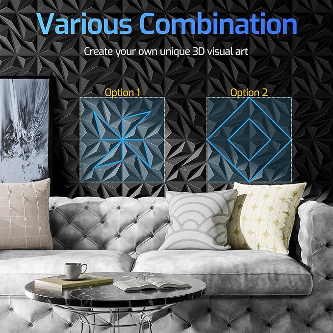 48 Pack 3D Wall Panels for Interior Wall Decor, 11.8'' x 11.8'' Decorative Wall Panels, Accent Wall Panels, 3D Diamond Design Wall Decor for Living Room, Bedroom, Gaming Room, Black