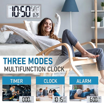 TXL Silver Large Digital Wall Clock with Backlight, 14.2" Battery Operated Alarm Clock with Day, Date & Temperature, Large Wall Clock for Classroom,Bedroom, Livingroom, Office，（Battery Included）