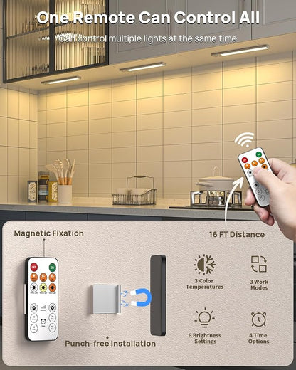 Under Cabinet Lights with Remote Control, USB Rechargeable LED Motion Sensor Light Indoor, Magnetic Wireless Under Counter Lights, 3 Color Dimmable Closet Lights for Kitchen,Cabinet,Bedroom, 8 Pack