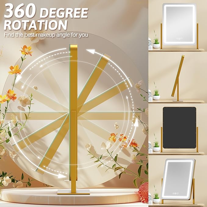 ROLOVE Vanity Mirror with Lights, 18"x22" LED Makeup Mirror with 10X Magnification, Smart Touch 3 Colors Dimmable, Light Up Mirror for Makeup Desk, 360° Rotation, Gold