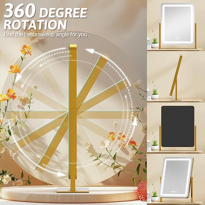 ROLOVE Vanity Mirror with Lights, 18"x22" LED Makeup Mirror with 10X Magnification, Smart Touch 3 Colors Dimmable, Light Up Mirror for Makeup Desk, 360° Rotation, Gold