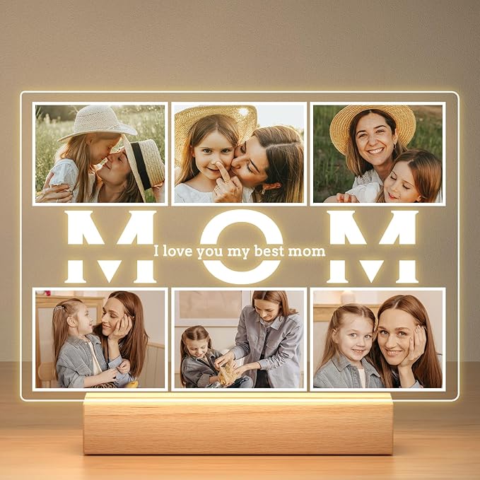 Personalized Birthday Gifts for Mom from Daughter Son, Custom Collage Picture Frames with Photos, Customized Photo Frame with Night Light, Personalized Gifts for Mom Kids Baby Family
