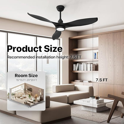 Ensenior 52 Inch Smart Ceiling Fans with Lights and Remote, Control via Alexa Google Voice App, 6 Speeds Reversible DC Motor 3000K-6000K, Dimmable LED, Black Bedroom Ceiling Fan with Lights - 3 Blades