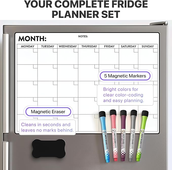Monthly Magnetic Calendar for Refrigerator – Monday Start 17 x 12” Fridge Calendar Magnet | Dry Erase Whiteboard Family Planner & Schedule Board | Include 5 Markers & Eraser by Freedom Mastery