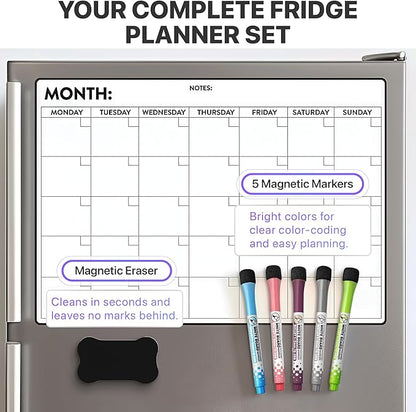 Monthly Magnetic Calendar for Refrigerator – Monday Start 17 x 12” Fridge Calendar Magnet | Dry Erase Whiteboard Family Planner & Schedule Board | Include 5 Markers & Eraser by Freedom Mastery