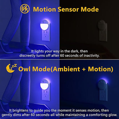 2 Pack Plug in Night Light with Motion Sensor and Dusk to Dawn Sensor, Stepless Dimming, Blue LED Nightlight with 3 Lighting Ways for Bathroom, Bedroom, for Girls, Boys, Adults