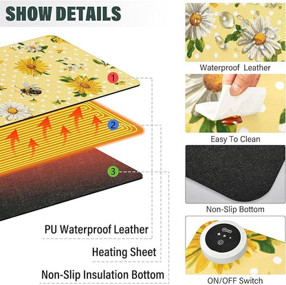 Heated Desk Pad Mouse Pad 31.5x13 Inch PU Leather Desk Mat with 3 Heat Levels Large Mouse Gaming Computer Laptop Mat Yellow Dot Bee and Daisy