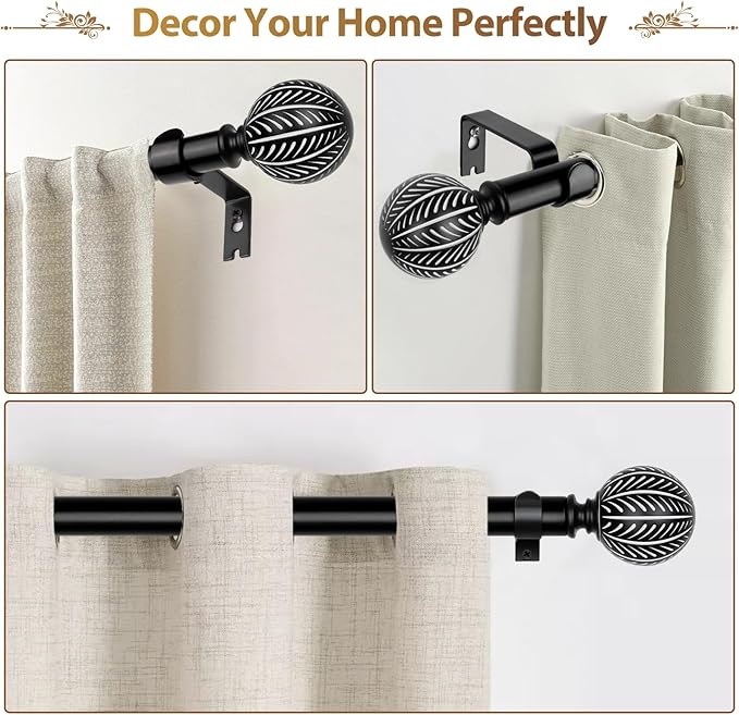 KAMANINA Wood Curtain Rods for Windows 66 to 120 Inch(5.5-10ft), 1 Inch Adjustable Drapery Rod, Decorative Heavy Duty Curtain Rods with Leaf Pattern Finials, Black