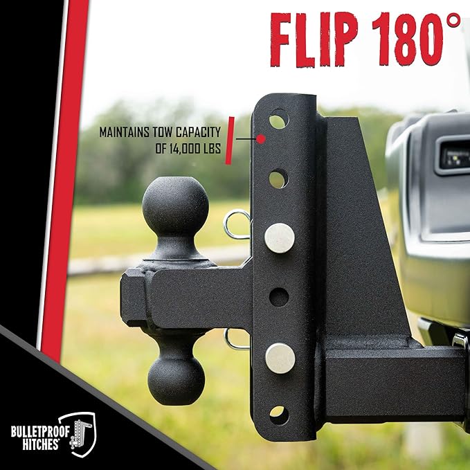 BulletProof Hitches - 2.0" Adjustable Medium Duty Trailer Hitch (14,000 lb. Rating) - 2" Drop/Rise Trailer Hitch with 2" & 2-5/16" Dual Ball - Powder Coat, Box Steel, Corrosion-Resistant