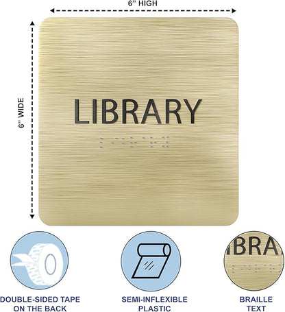 6" X6" Library Sign - ADA Compliant Tactile Graphics Grade 2 Braille Text Acrylic Wall Sign - Quiet zone, Information Convey, Group Study Room Door Signs for Office, School, Home