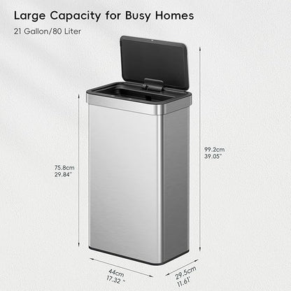EKO Nova Sensor Trash Can, 21 Gallon/80 Liter Stainless Steel Rectangular Touchless Motion Sensor Trash Can, Matte Metallic