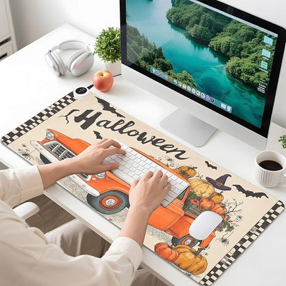 Heated Desk Pad Mouse Pad 31.5x13 Inch PU Leather Desk Mat with 3 Heat Levels Large Mouse Gaming Computer Laptop Mat Halloween Plaid Pumpkin Bat