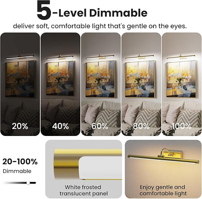 24" Picture Frame Light with 1pcs Extra 8000mAh Battery - Brass Cordless Rechargeable Wall Sconce with Remote for Office, Hallway & Large Art