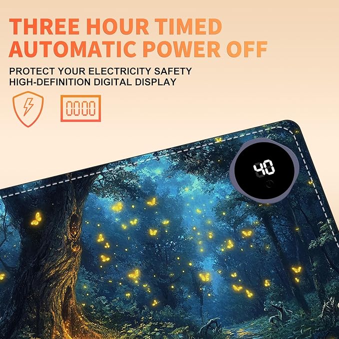 Heated Mouse Pad 23.6 x 14 in 3-Temp Fast Heating Desk Mat with Auto Timer Warmer for Hands Wrist Pain Relief Waterproof Keyboard Mat for Office, Gaming, Home, Enchanted Forest Glow