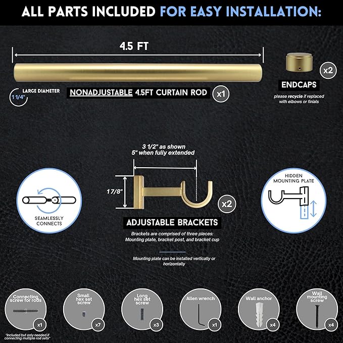 BlastHome® Non-Adjustable Luxury Curtain Rods for Windows, 1 ¼” Rod Set, 4 1/2 foot Fixed Length, Brushed Gold