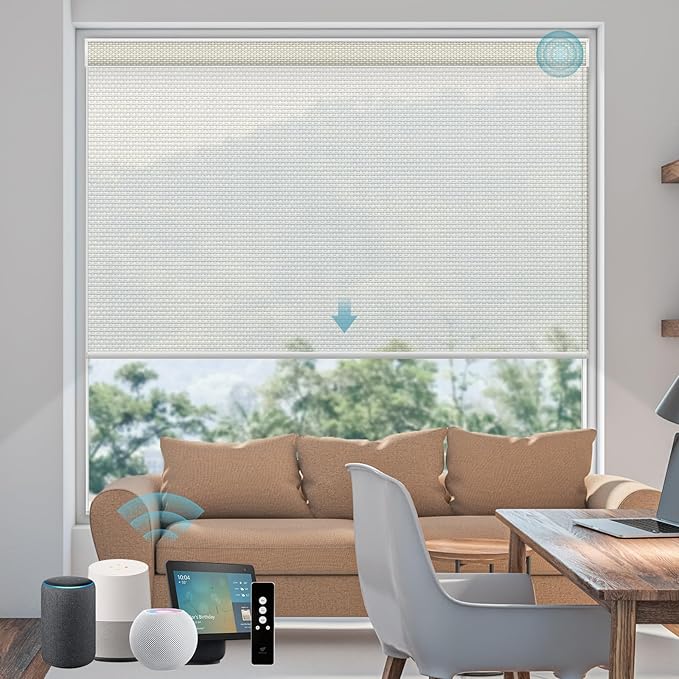 SmartWings Motorized Smart Blinds for Windows in Light Filtering, Electric Remote Roller Shades Compatible with Alexa/Google Home/Homekit, Custom Up to 110”W x 148”H, 5% Openness Aventus White Linen