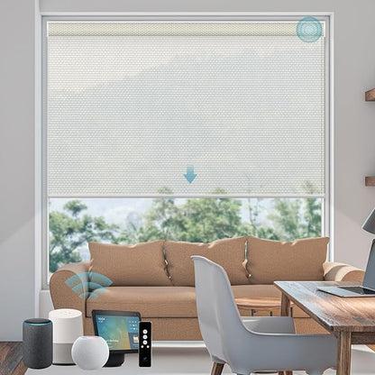 SmartWings Motorized Smart Blinds for Windows in Light Filtering, Electric Remote Roller Shades Compatible with Alexa/Google Home/Homekit, Custom Up to 110”W x 148”H, 5% Openness Aventus White Linen