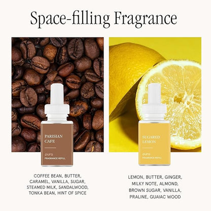 Pura - Smart Home Fragrance Device Starter Set - Pura 4 - Scent Diffuser for Home - Includes Fragrance Aroma Diffuser - Square Box, Parisian Cafe and Sugared Lemon Scent Refills