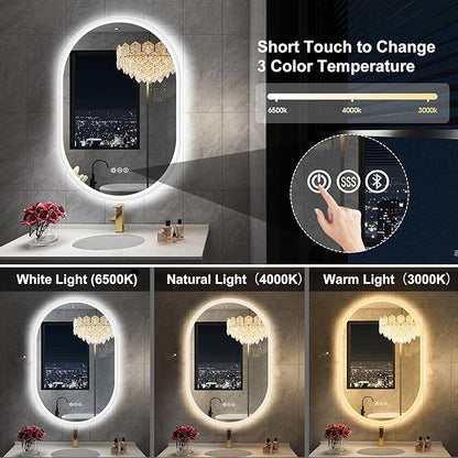S'bagno 24x40 Oval LED Bathroom Mirror with Lights, Anti-Fog, Bluetooth Speaker, 3 Colors Temperature & Dimmable, Lighted Mirrors for Bathroom Wall with Memory Function, Waterproof, Shatter-Proof