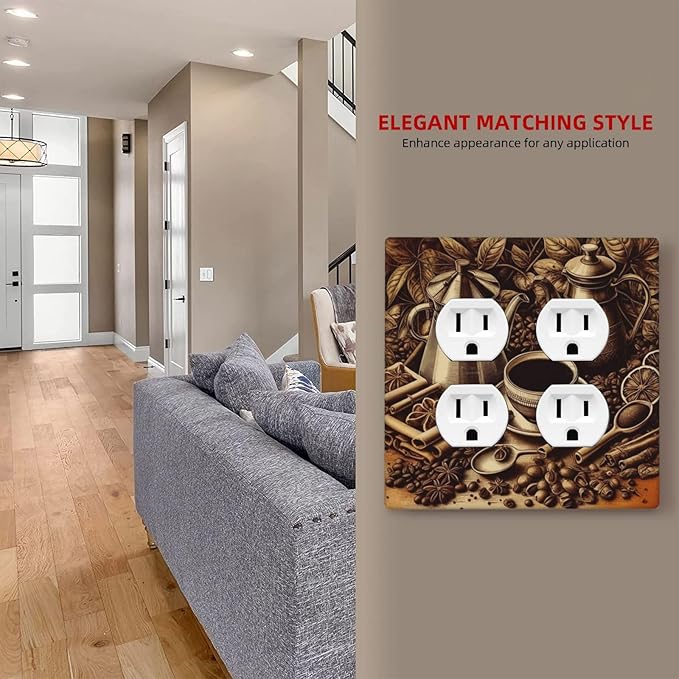 Decorative Outlet Covers Vintage Coffee Beans Leaf Cup 2 Gang Wall Plate Cover Double Duplex Receptacle Two Switch Light Switch Cover Plate Jumbo Dual Faceplate