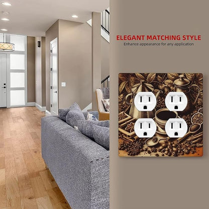 Decorative Outlet Covers Vintage Coffee Beans Leaf Cup 2 Gang Wall Plate Cover Double Duplex Receptacle Two Switch Light Switch Cover Plate Jumbo Dual Faceplate