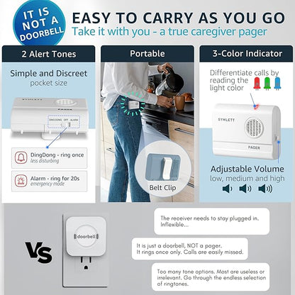 Caregiver Pager Wireless Call Buttons for Elderly Monitoring SOS Alert System Portable Alarm for Nurse Call Seniors Patients Emergency Home