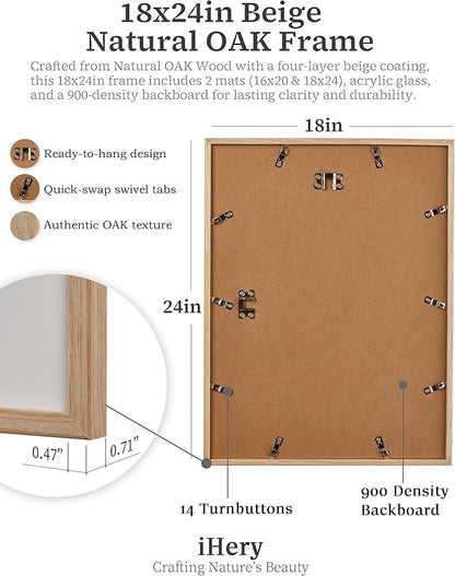 iHery Standard 18x24in Premium Truly Natural OAK Wood Beige Color Picture Frame with 2 Mats (16x20,18x24), Acrylic Glass Thickened Backboard, Minimalist Photo Frames Narrow Border Set of 1