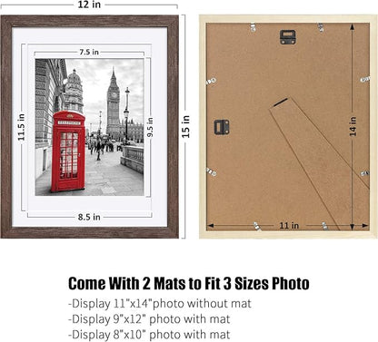 11x14 Rustic Picture Frames Solid Wood - Display Pictures 9x12 or 8x10 with Mat or 11x14 Frame without Mat - Farmhouse Wooden Photo Frame 11x14 inch with 2 Mats for Wall Mounting or Table Top, 2 Set