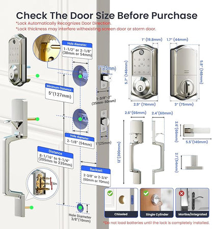 Veise VE017-D Fingerprint Smart Front Door Lock Set, App Control, 8-in-1 Keyless Entry Deadbolt with Lever Handle, Emergency Power Port, Auto Lock, Touchscreen Keypad, Easy Install, Satin Nickel