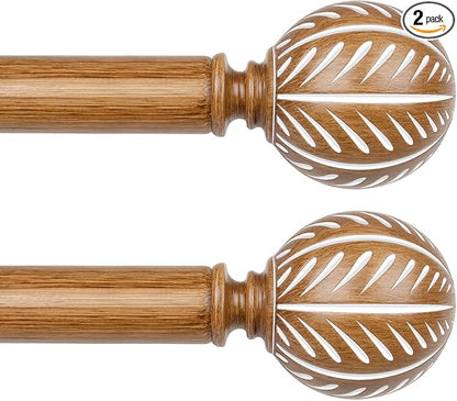 KAMANINA 2 Pack Wood Curtain Rods for Windows 48 to 84 Inch(4-7ft), 1 Inch Adjustable Drapery Rod, Decorative Heavy Duty Curtain Rods with Leaf Pattern Finials, Wood Grain