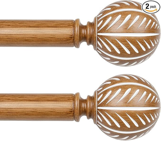 KAMANINA 2 Pack Wood Curtain Rods for Windows 48 to 84 Inch(4-7ft), 1 Inch Adjustable Drapery Rod, Decorative Heavy Duty Curtain Rods with Leaf Pattern Finials, Wood Grain