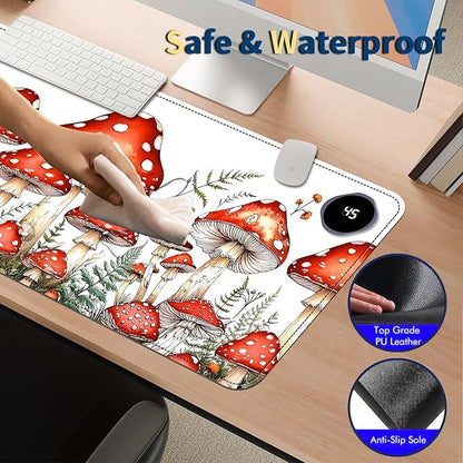 Heated Mouse Pad with 3 Temperature Settings(104°F–122°F),Large 31.5x13 Inch PU Leather Heated Desk Mat,Waterproof Warming Pad for Office,Gaming & Cold Hands Relief,Red Mushroom