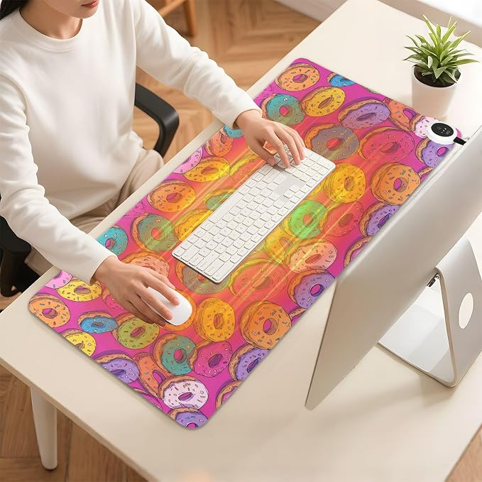 Heated Desk Pad Mouse Pad 31.5x13 Inch PU Leather Desk Mat with 3 Heat Levels Large Mouse Gaming Computer Laptop Mat Cute Donuts Colorful