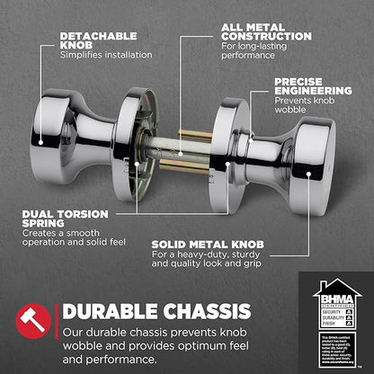 Kwikset Pismo Interior Privacy Door Knob with Lock, Door Handle For Bathroom and Bedroom, Polished Chrome Keyless Turn Lock Doorknob