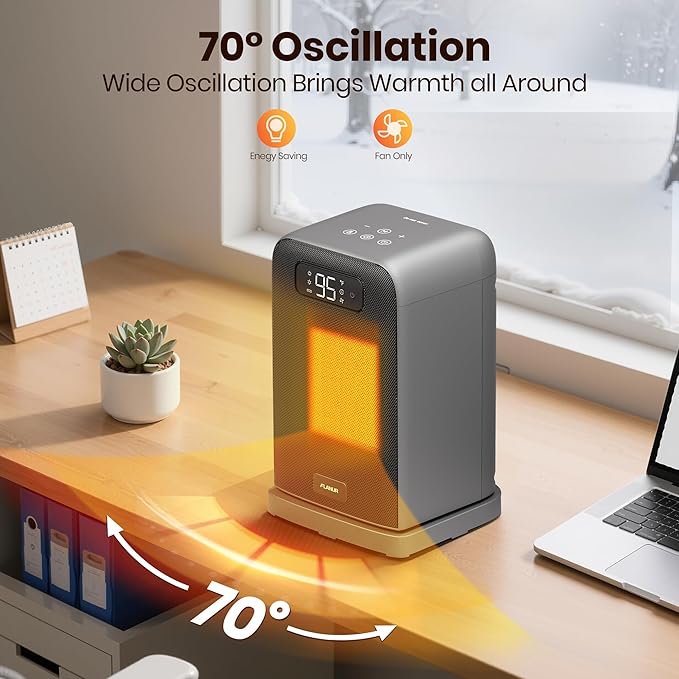 Space Heaters for Indoor Use, 1500W Small Desk Heater 2 in 1 with Remote, Thermostat, LED Display, Overheat & Tip Over Protection, 12H Timer, 70° Oscillating Heater for Office, Grey