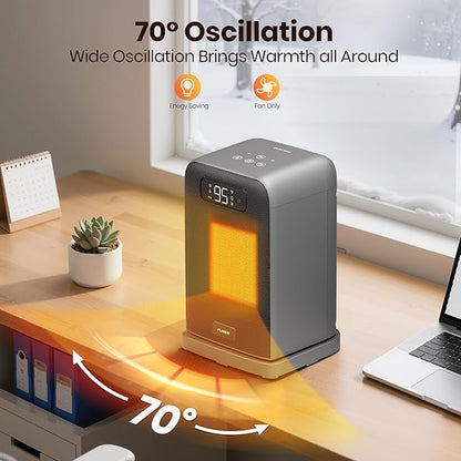 Space Heaters for Indoor Use, 1500W Small Desk Heater 2 in 1 with Remote, Thermostat, LED Display, Overheat & Tip Over Protection, 12H Timer, 70° Oscillating Heater for Office, Grey