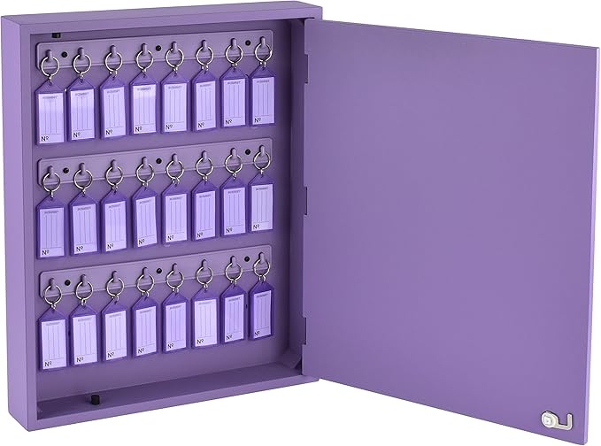 Acrimet 24-Key Cabinet with Lock, Wall Mount Wooden Key Organizer, Security Key Storage Box (24 Positions) with Numbered Hooks & Clear Purple Key Tags – Commercial & Home Use (Purple)