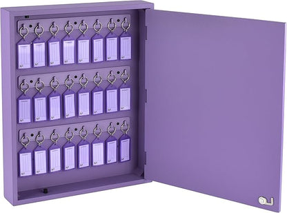 Acrimet 24-Key Cabinet with Lock, Wall Mount Wooden Key Organizer, Security Key Storage Box (24 Positions) with Numbered Hooks & Clear Purple Key Tags – Commercial & Home Use (Purple)