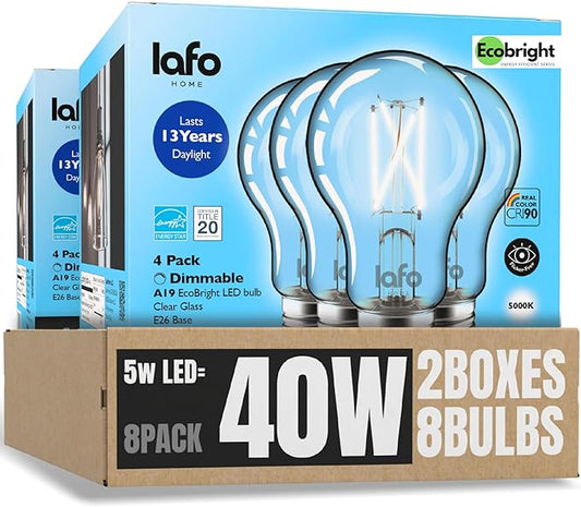 EcoBright 8PK Dimmable A19 LED Filament Bulb 40W Equivalent 5W E26 Base 450 Lumens CRI90 Flicker Free Clear Glass Energy Star Title 20 Daylight 5000K for Lamps Ceiling Fixtures and Indoor Use