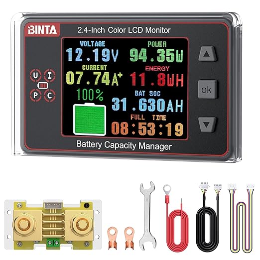 BINTA 500A Battery Monitor Shunt 8-100V 2.4 Inch Color Screen for Lifepo4 Lithium Sealed Gel Flooded Batteries, Backlight Waterproof Battery Monitor with Sliding Cover for Car RV Golf Cart Solar Panel