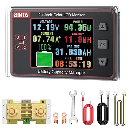 BINTA 500A Battery Monitor Shunt 8-100V 2.4 Inch Color Screen for Lifepo4 Lithium Sealed Gel Flooded Batteries, Backlight Waterproof Battery Monitor with Sliding Cover for Car RV Golf Cart Solar Panel