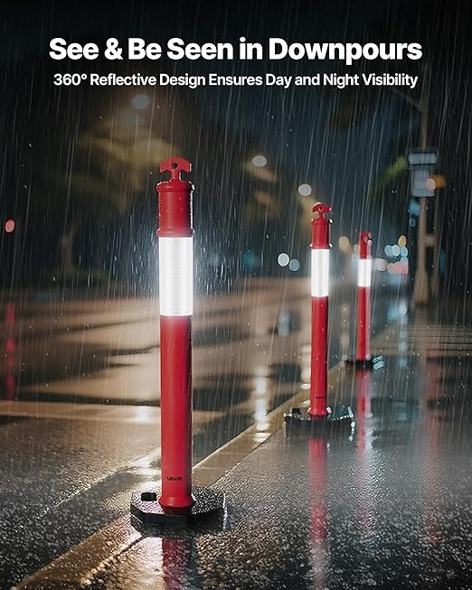 VEVOR 2 Pack Traffic Delineator Posts, 48 inches Traffic Safety Cones with Weighted Base and Reflective Strips, Heavy Duty Delineator Posts for Construction Site, Parking Lot, Crowd Control, Red